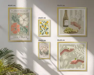 Set of 5 wall art pieces Flowers and fruits vintage style
