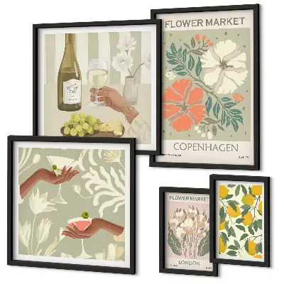 Vintage style flowers and fruits wall art set of 5 pieces