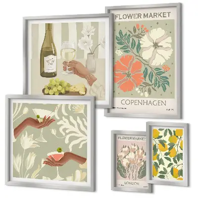 Vintage style flowers and fruits wall art set of 5 pieces