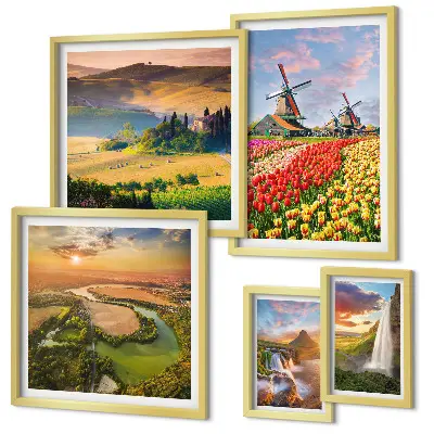Gallery wall featuring landscapes of nature with waterfalls and windmills