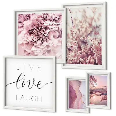 Framed photo set with floral motifs and pastel slogans