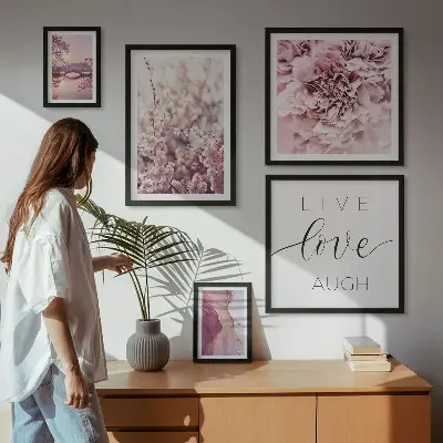 Framed photo set with floral motifs and pastel slogans