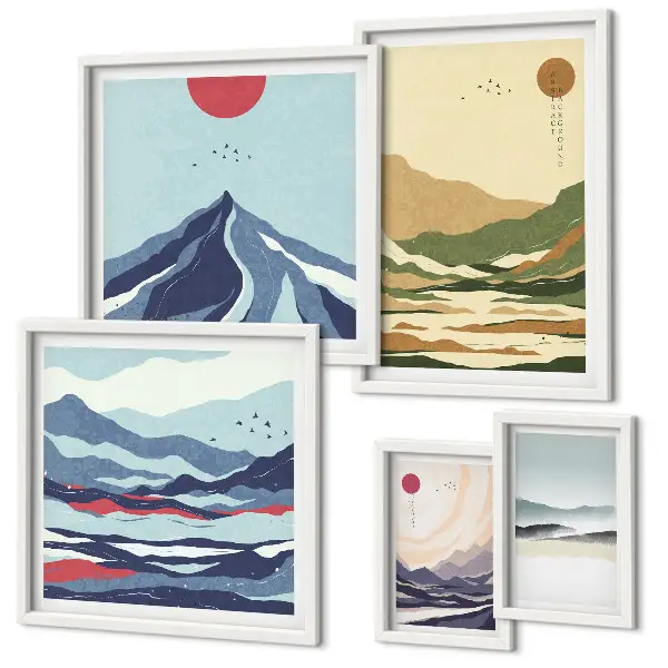 Set of 5 wall art pieces with mountain landscapes nature design