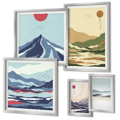Set of 5 wall art pieces with mountain landscapes nature design