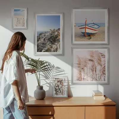 Framed photo set landscapes with beaches and white buildings