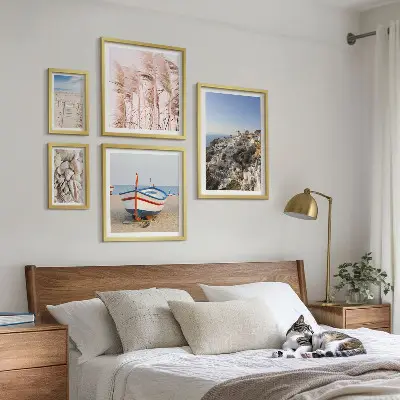 Framed photo set landscapes with beaches and white buildings
