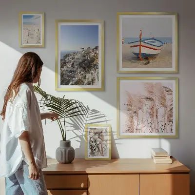 Framed photo set landscapes with beaches and white buildings