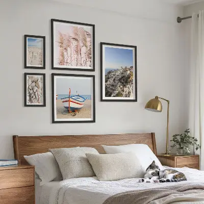 Framed photo set landscapes with beaches and white buildings