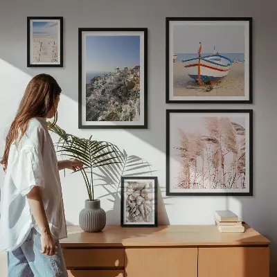 Framed photo set landscapes with beaches and white buildings