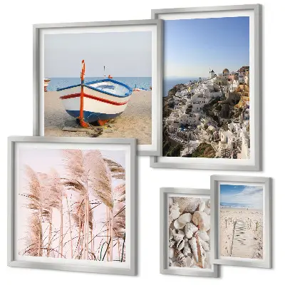 Framed photo set landscapes with beaches and white buildings