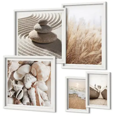 Gallery wall seaside shells and sand theme