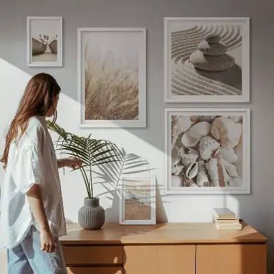 Gallery wall seaside shells and sand theme