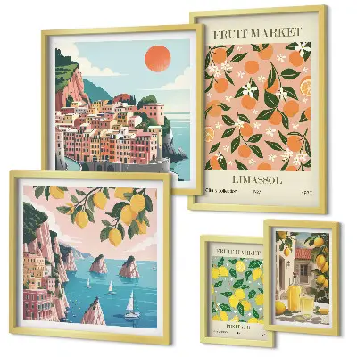 Set of 5 wall art pieces Seaside fruit markets