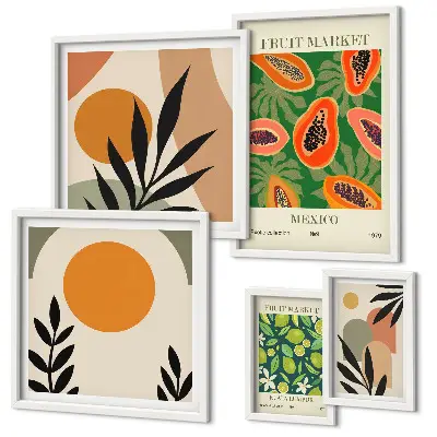 Tropical fruit retro wall art set of 5 pieces