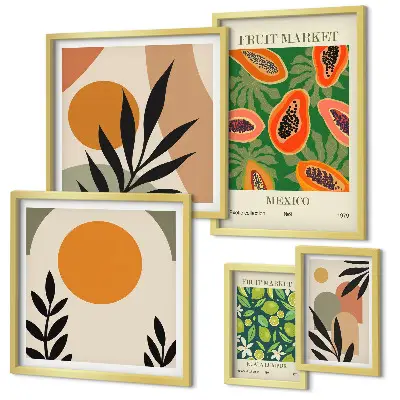 Set of 5 wall art pieces Tropical fruit retro motifs