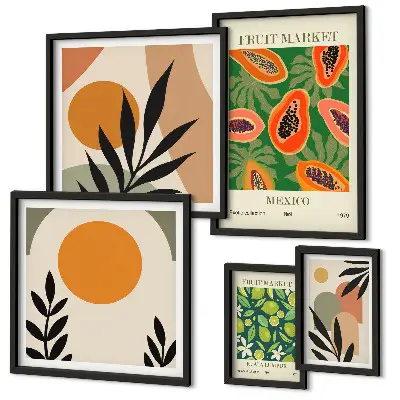 Tropical fruit retro wall art set of 5 pieces