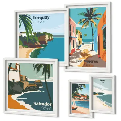 Set of 5 wall art pieces Colorful seaside beaches