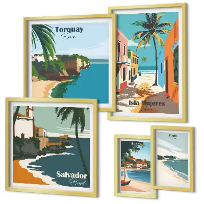 Set of 5 wall art pieces Colorful seaside beaches