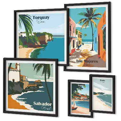 Set of 5 wall art pieces Colorful seaside beaches