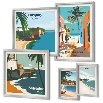 Set of 5 wall art pieces Colorful seaside beaches