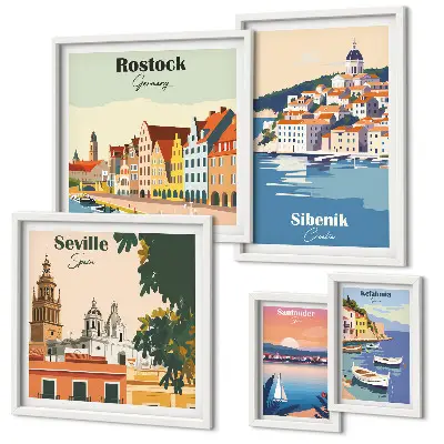 Set of 5 wall art pieces Landscapes of coastal cities