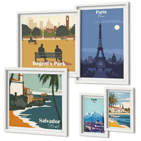 Set of 5 wall art pieces European retro icon cities