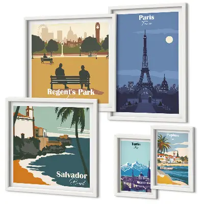 Set of 5 wall art pieces European retro icon cities
