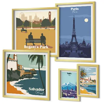 Set of 5 wall art pieces European retro icon cities