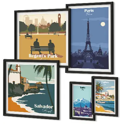 Set of 5 wall art pieces European retro icon cities