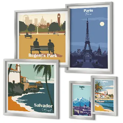 Set of 5 wall art pieces European retro icon cities