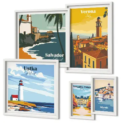 Set of 5 wall art pieces City landscapes with lanterns