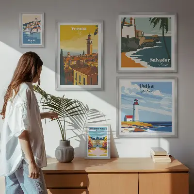 Set of 5 wall art pieces City landscapes with lanterns