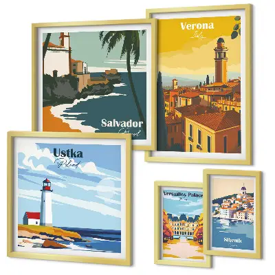 Set of 5 wall art pieces City landscapes with lanterns