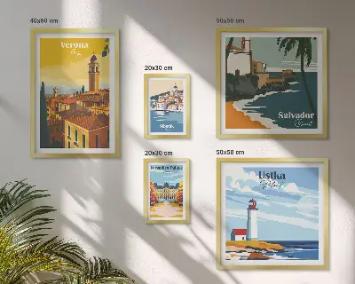 Set of 5 wall art pieces City landscapes with lanterns