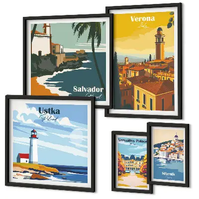 Set of 5 wall art pieces City landscapes with lanterns