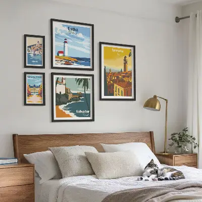 Set of 5 wall art pieces City landscapes with lanterns