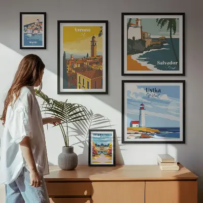 Set of 5 wall art pieces City landscapes with lanterns