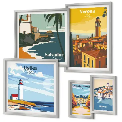 Set of 5 wall art pieces City landscapes with lanterns