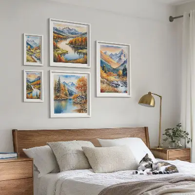 Framed photo set autumn mountains, rivers, and houses