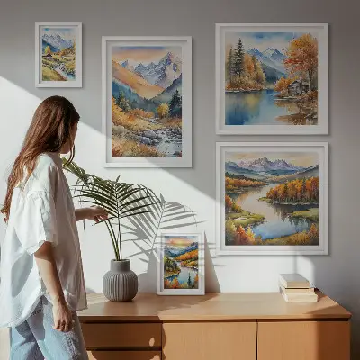Framed photo set Autumn mountains rivers houses
