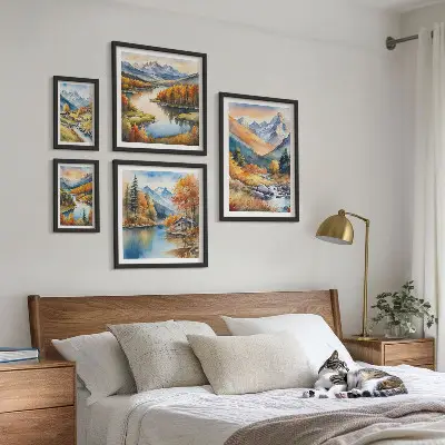 Framed photo set Autumn mountains rivers houses