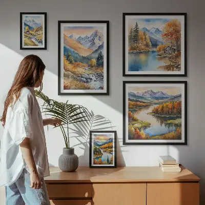 Framed photo set autumn mountains, rivers, and houses