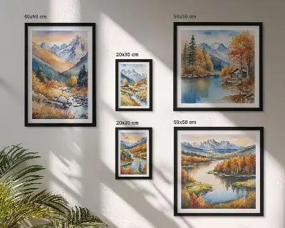 Framed photo set autumn mountains, rivers, and houses