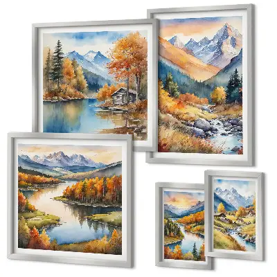 Framed photo set autumn mountains, rivers, and houses