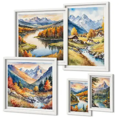 Gallery wall landscapes featuring mountains, rivers, and forests