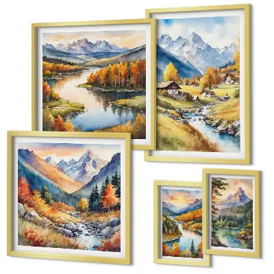 Gallery wall landscapes featuring mountains, rivers, and forests