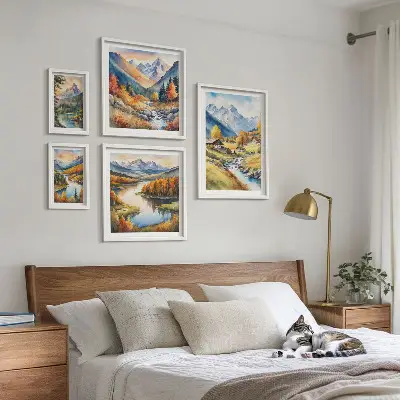 Gallery wall landscapes featuring mountains, rivers, and forests