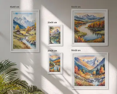 Gallery wall landscapes featuring mountains, rivers, and forests