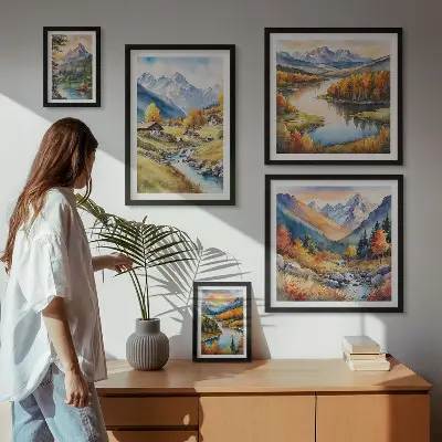 Gallery wall landscapes featuring mountains, rivers, and forests