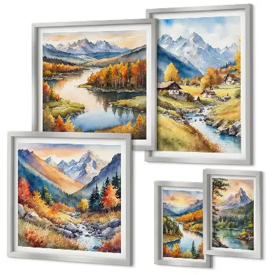 Gallery wall landscapes featuring mountains, rivers, and forests